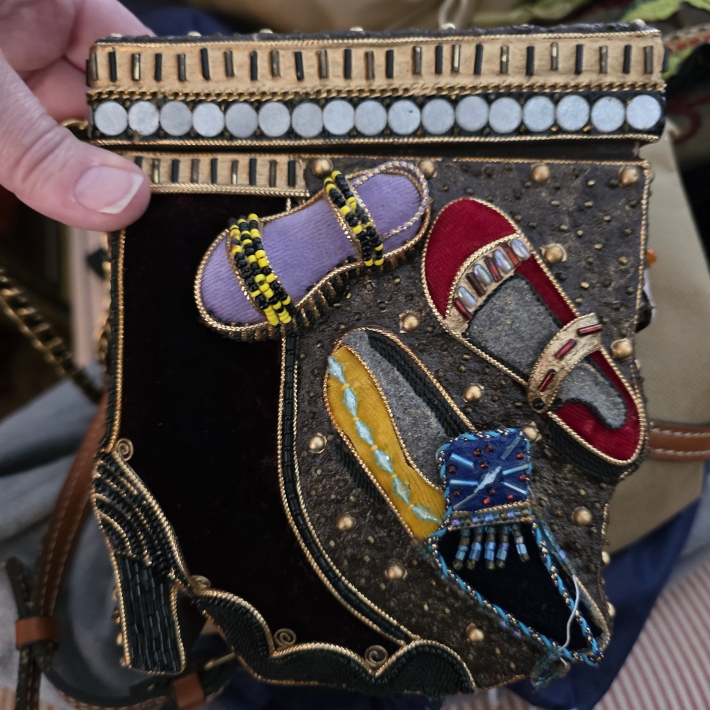 Mary Frances Brown and Gold Embellished Label Shoe Handbag